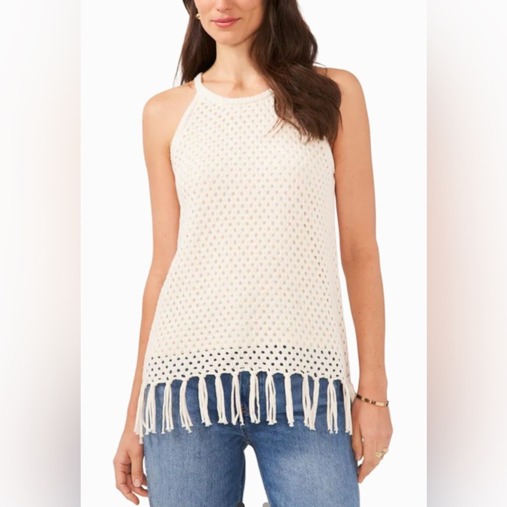 VINCE CAMUTO ISLAND OASIS LINED CROCHET HALTER SHELL BIRCH (CREAM)  SMALL.   NWT